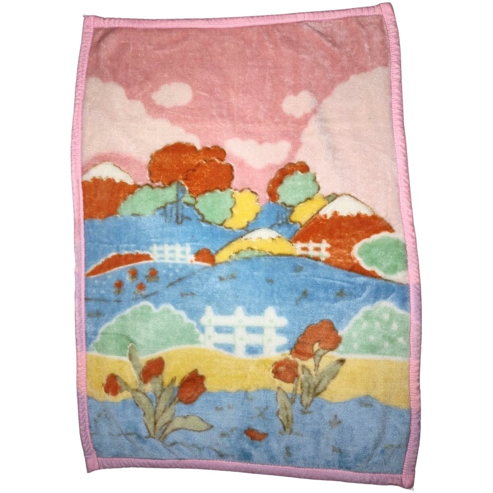 Vtg Northpoint Plush Baby Blanket Hillside View Scene‎ Acrylic Soft 31x43 htf